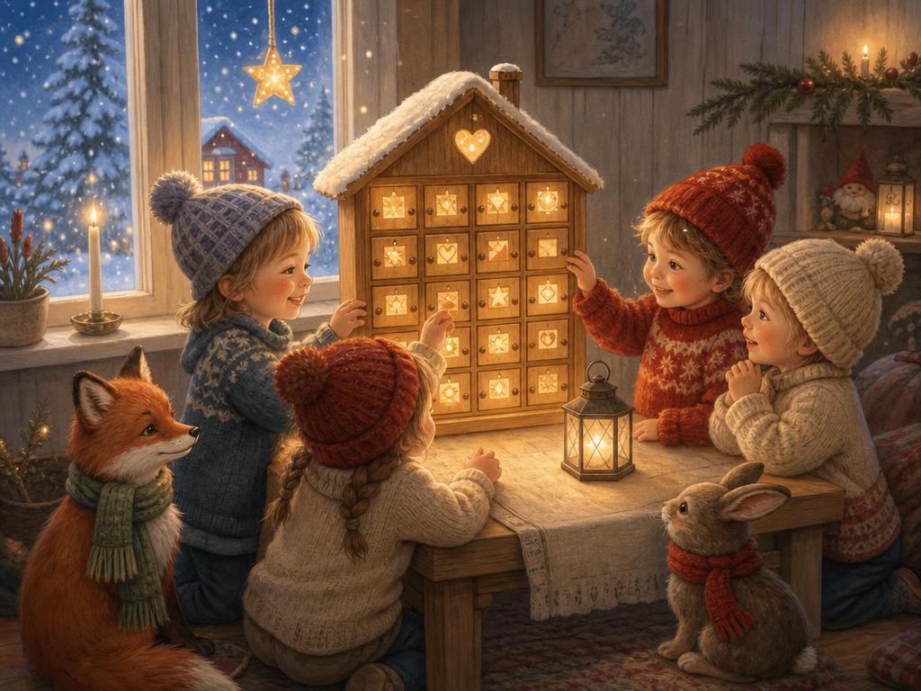 Barn samlade kring en mysig julkalender i vintermörkret